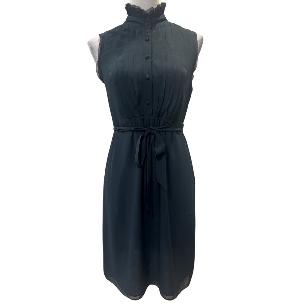 Loft Navy Blue Sleeveless Ruffle Collar Belted Midi Dress 2 Vintage Chic Preppy